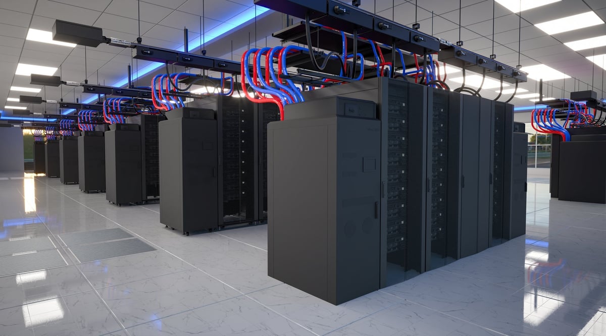 Server room with rows of server cabinets and structured cabling