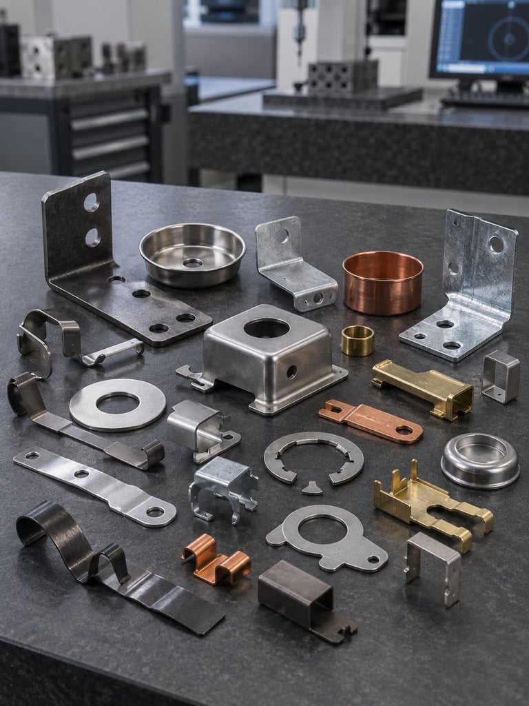 Various metal parts and components including brackets, fasteners, copper and brass pieces arranged on a workbench in an industrial facility