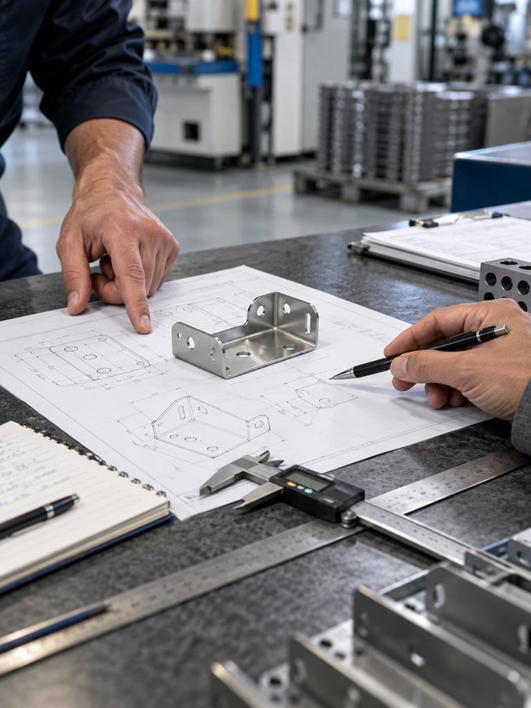 Engineer and colleague reviewing technical drawings and metal components at a workstation in a manufacturing facility